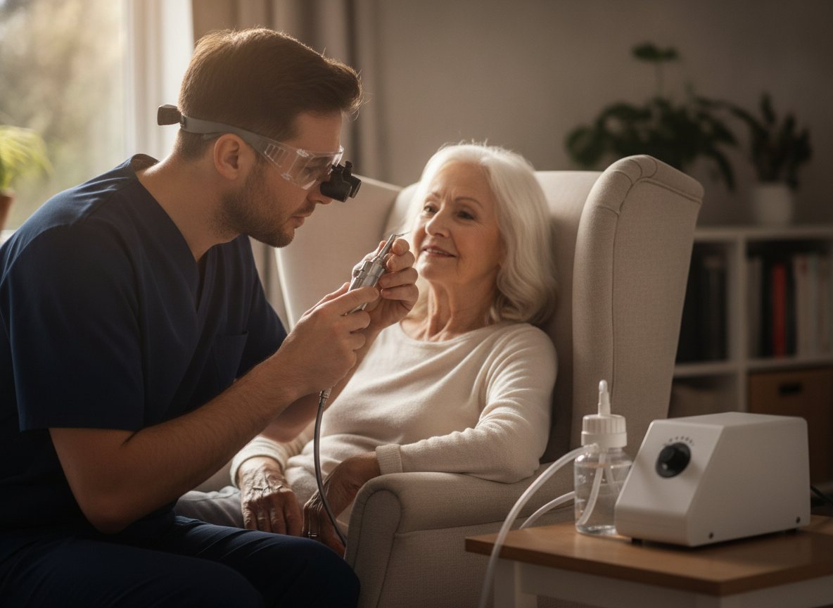 Clinician performing microsuction ear wax removal on a patient at home