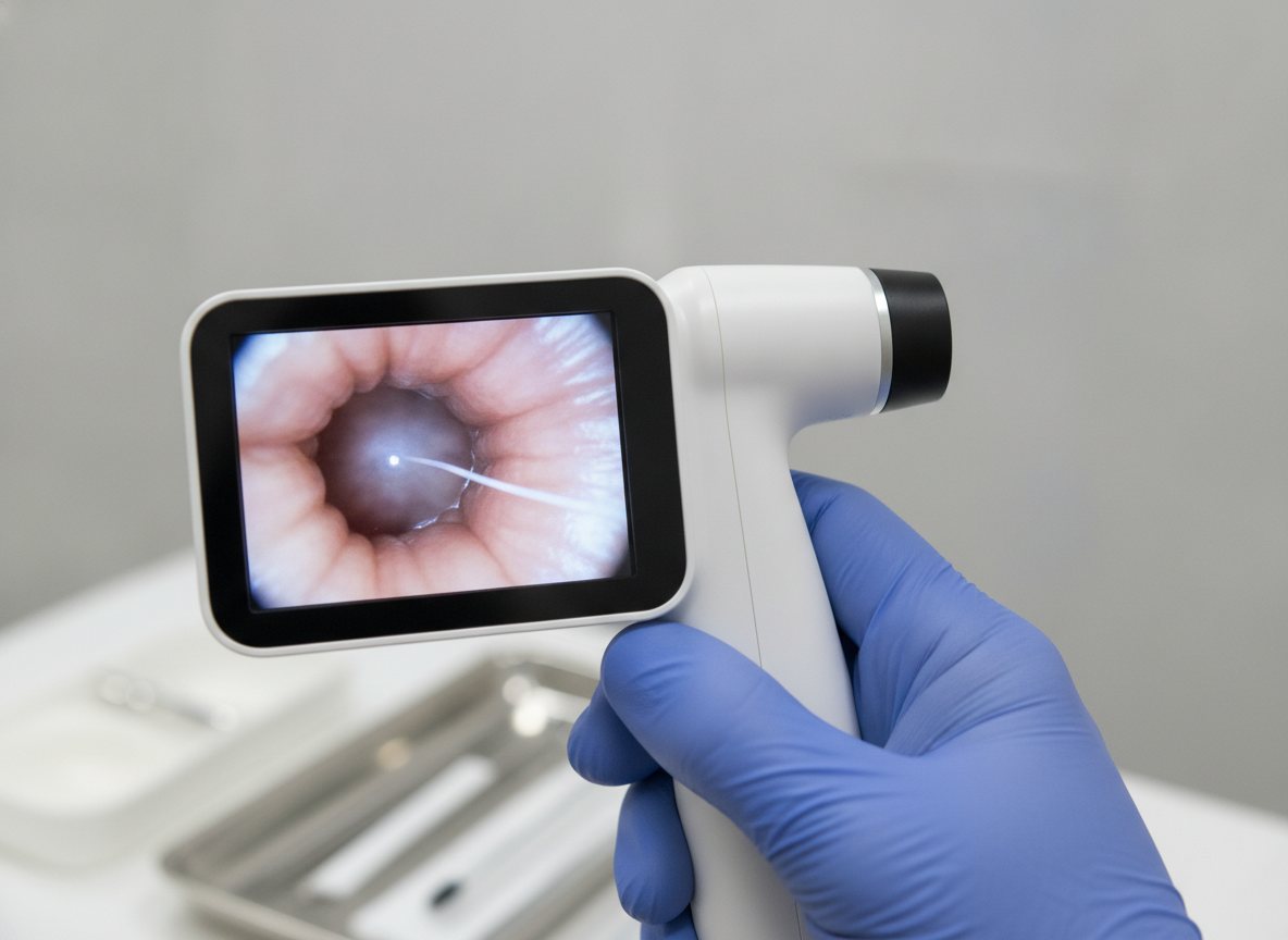 Video otoscope screen showing the inside of an ear canal